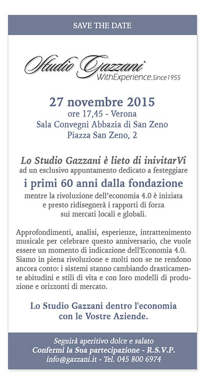 Lo Studio Gazzani è lieto di invitarVi ad un esclusivo appuntamento dedicato a festeggiare i primi 60 anni della fondazione